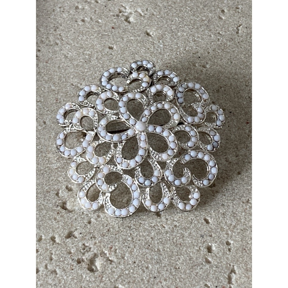 Silver Tone White Milk Glass Cabochon Filigree Brooch Pin Floral Scroll
